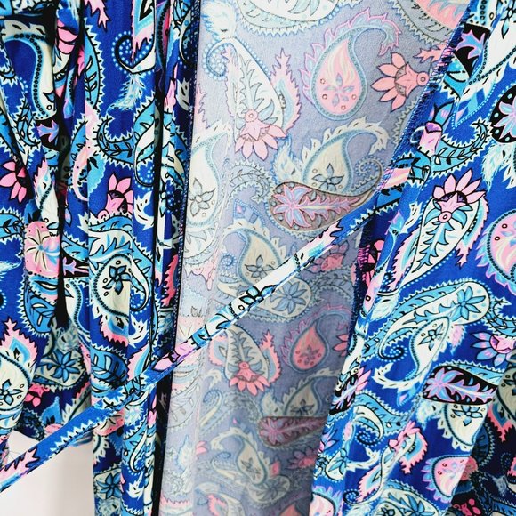 Bobbie Brooks Sleepwear Short Robe L Blue Pink Paisley Print Soft Tie Waist New - Picture 8 of 14